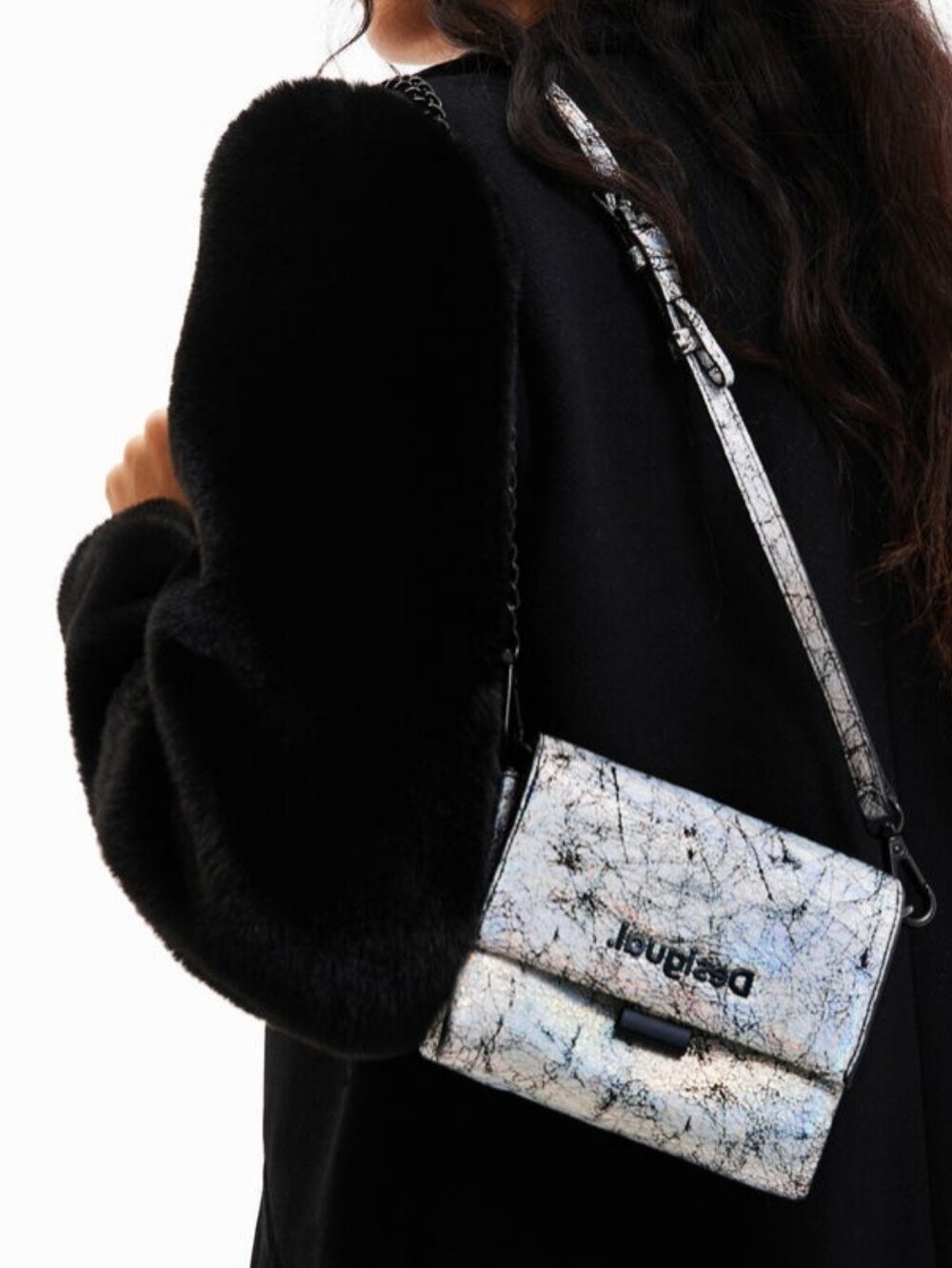 Desigual Metallic Marble Crossbody Bag in‎ Silver and Black